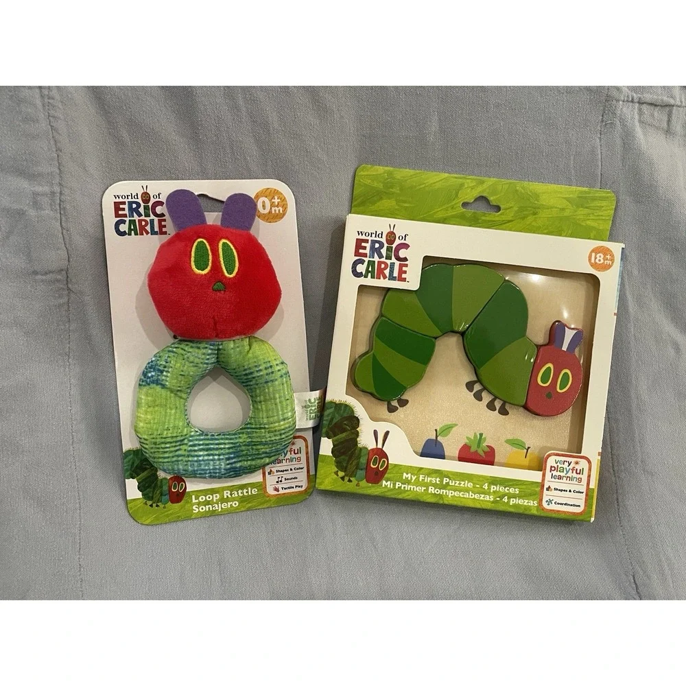 NEW Eric Carle The Very Hungry Caterpillar Wooden 4pc Puzzle & Loop Rattle